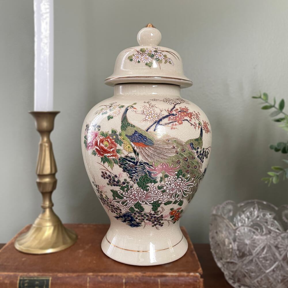 Vintage Large Japanese Asahi Ginger Jar - Peacock Floral